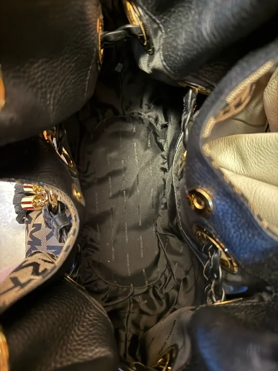 Michael Kors Black and Tan MK Logo Drawstring Hobo with Tassel - Picture 2 of 2